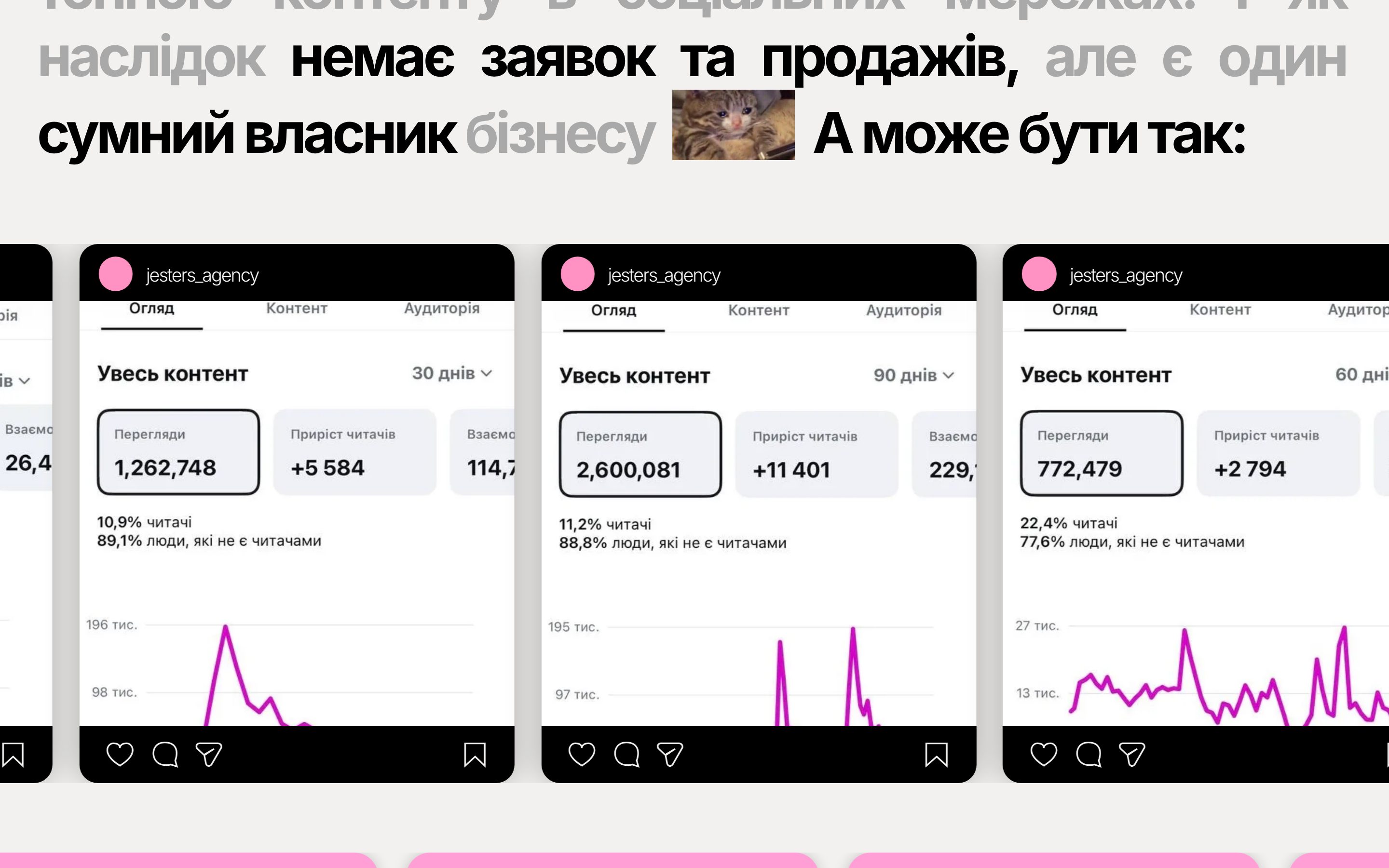 Three Instagram statistics cards side by side showing views and follower growth, under a sentence about business owners nobody notices