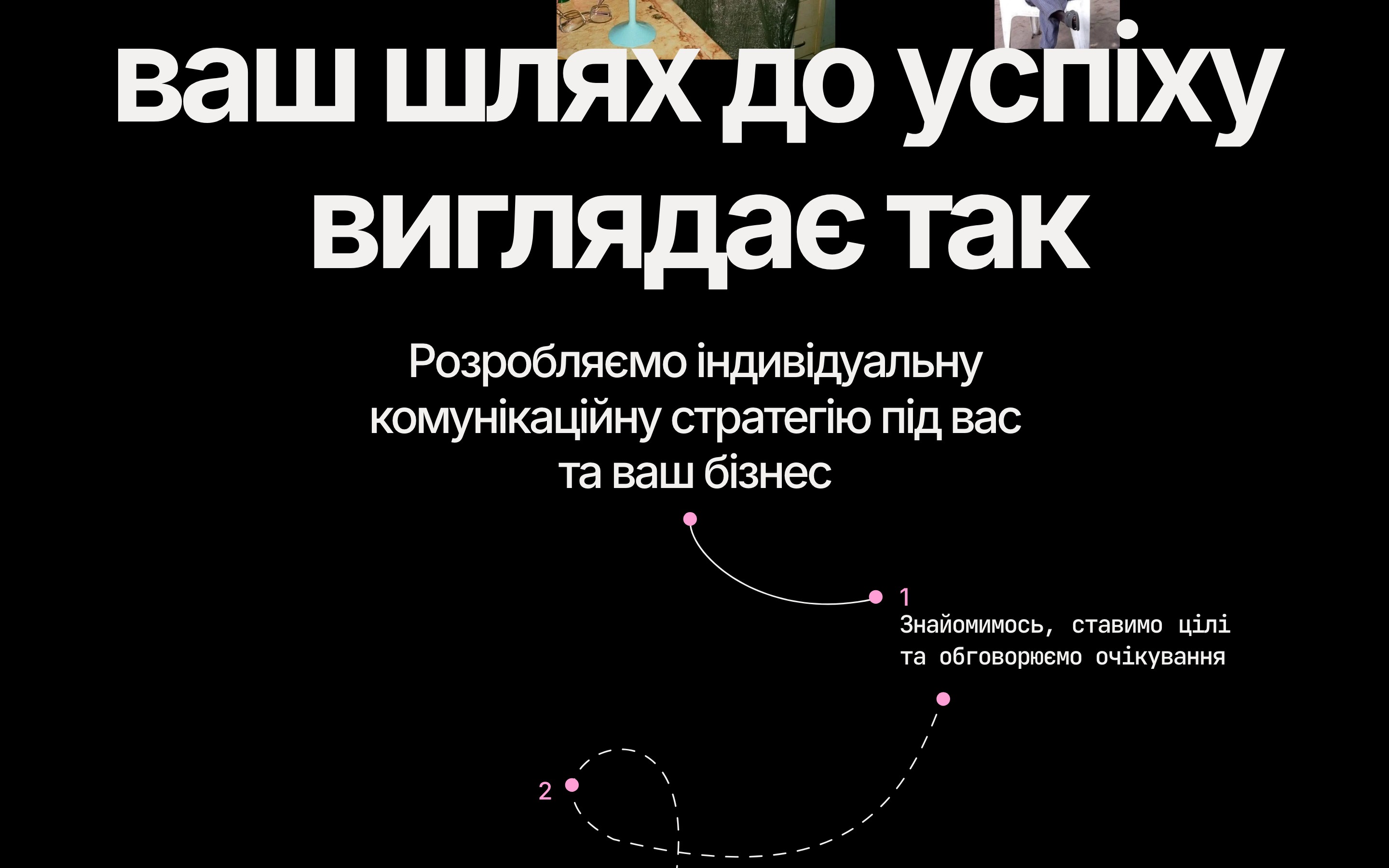 The headline 'Your path to success looks like this' in white on black, with a dotted pink line starting to draw itself from the introduction to the first two numbered steps