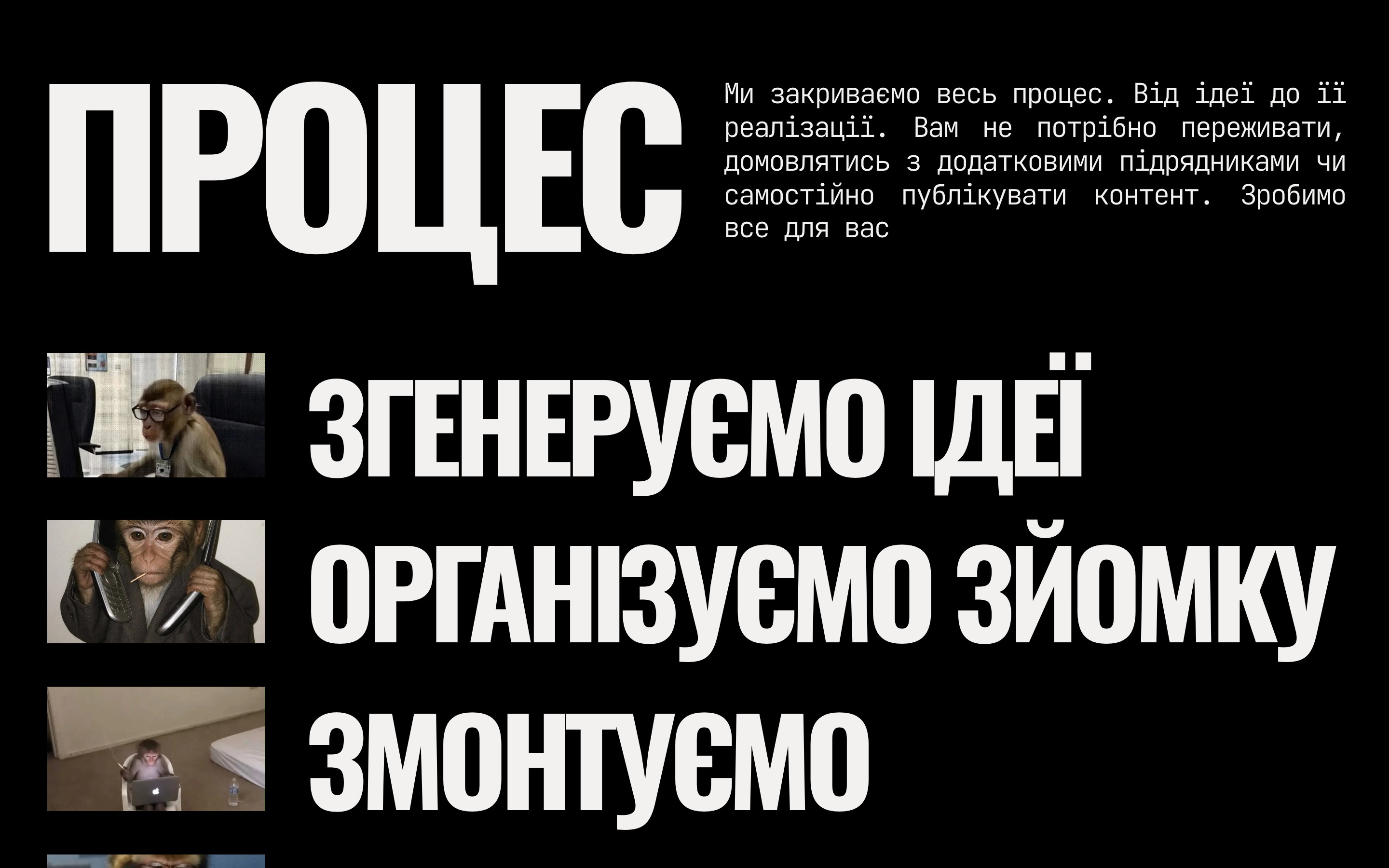The process section: the word 'Process' in huge condensed type, then a list of steps, each with a small photo: generate ideas, organise the shoot, edit
