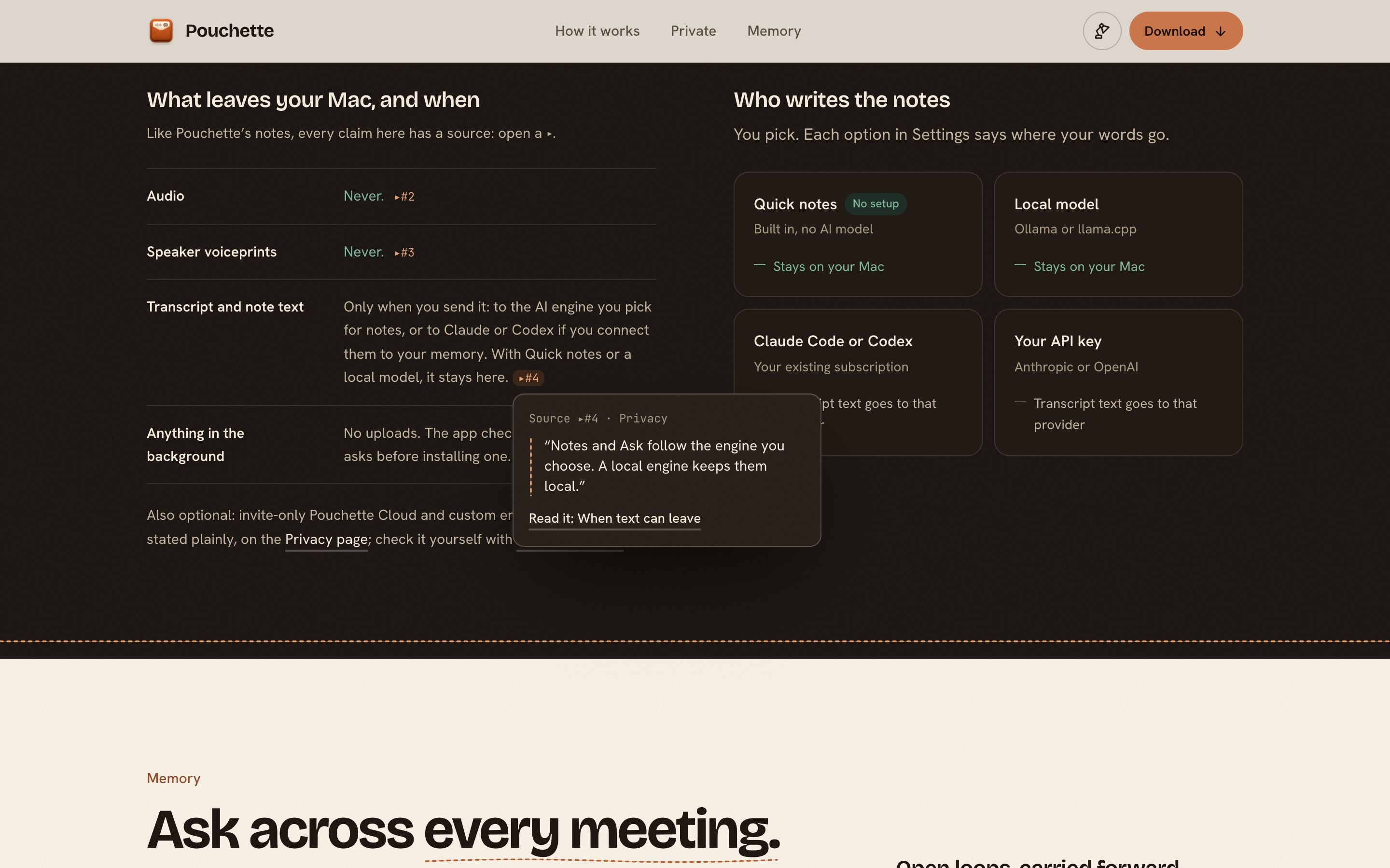 A dark section listing what leaves the Mac and when, with one claim's source opened: a quoted sentence from the privacy page and a link to it