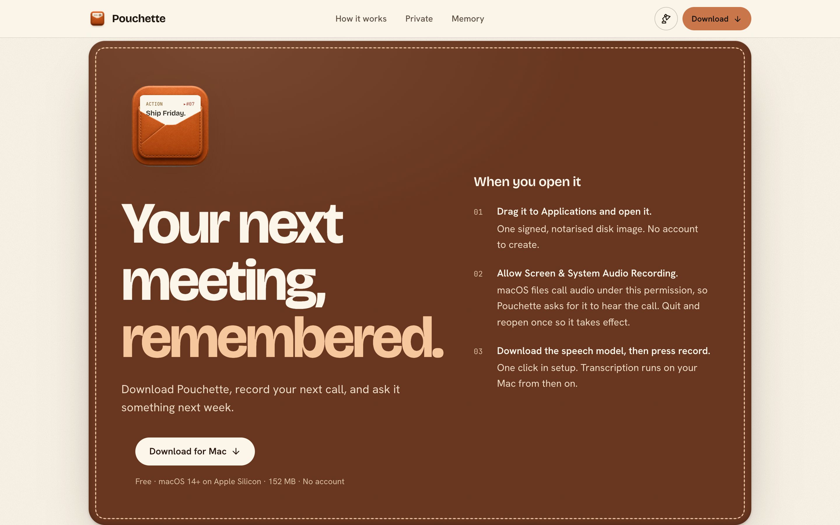 The closing call on a stitched leather panel: the app icon with a note tucked into it, the headline 'Your next meeting, remembered.' and the first-launch steps