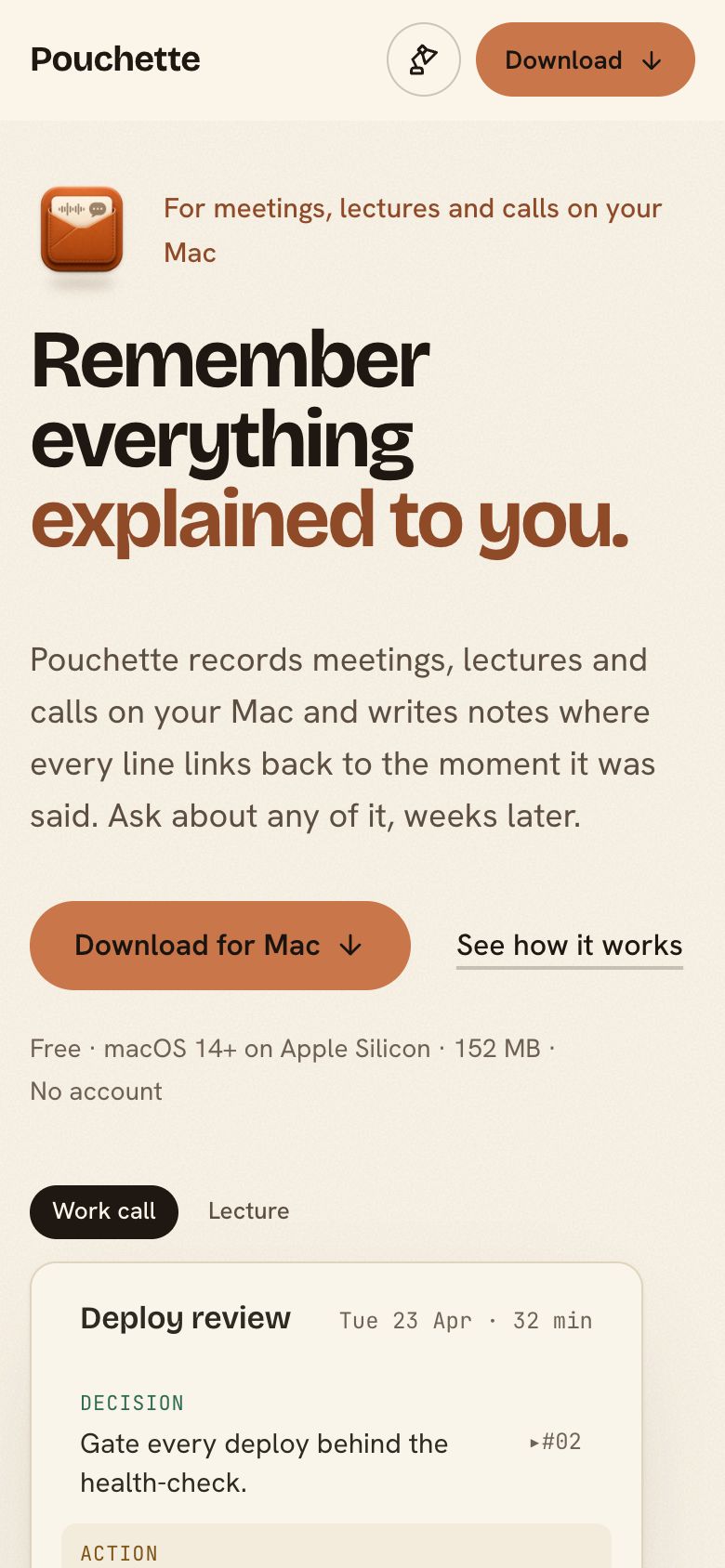 Pouchette's opening screen on a phone: the app icon, the headline, the download button and the start of the example note
