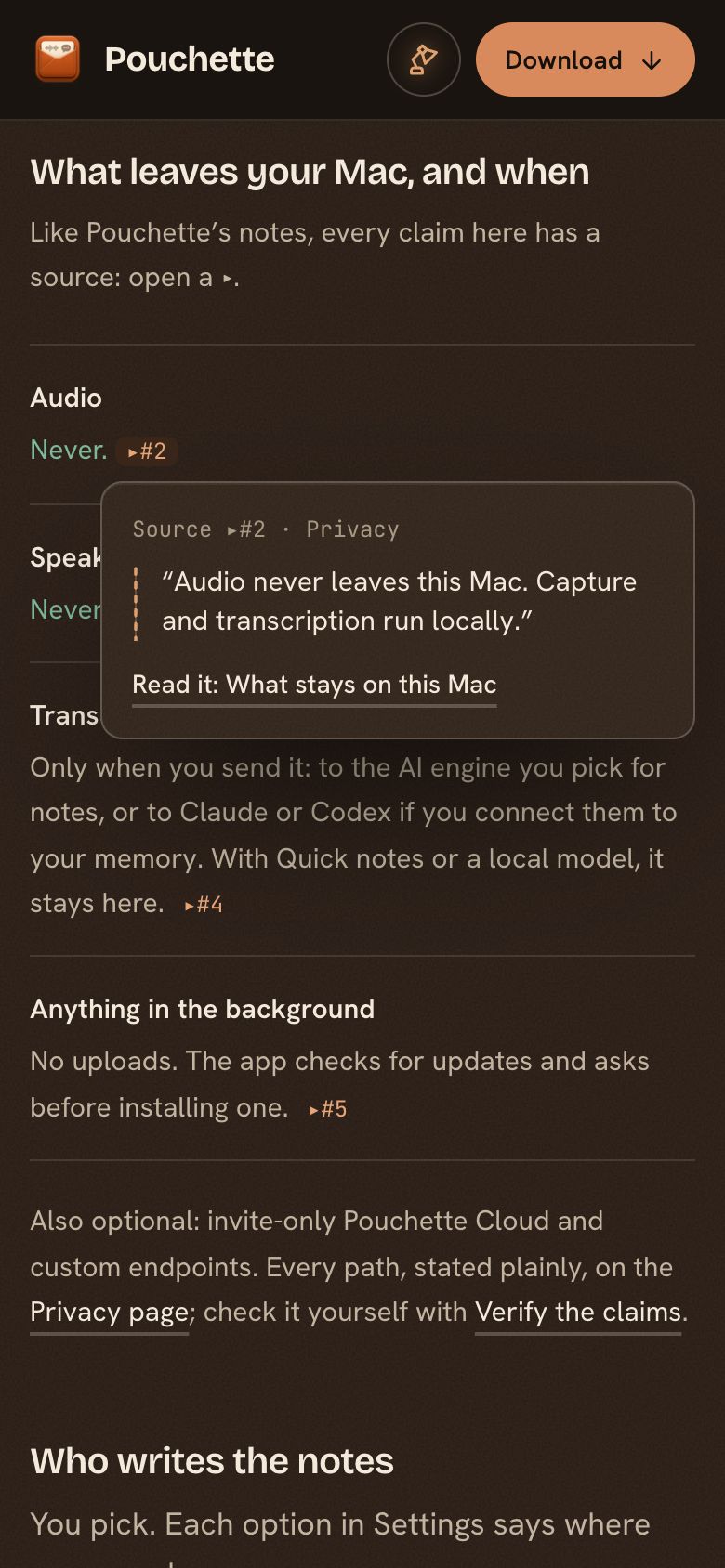 The same privacy list on a phone in dark mode, with a source card open under the audio claim