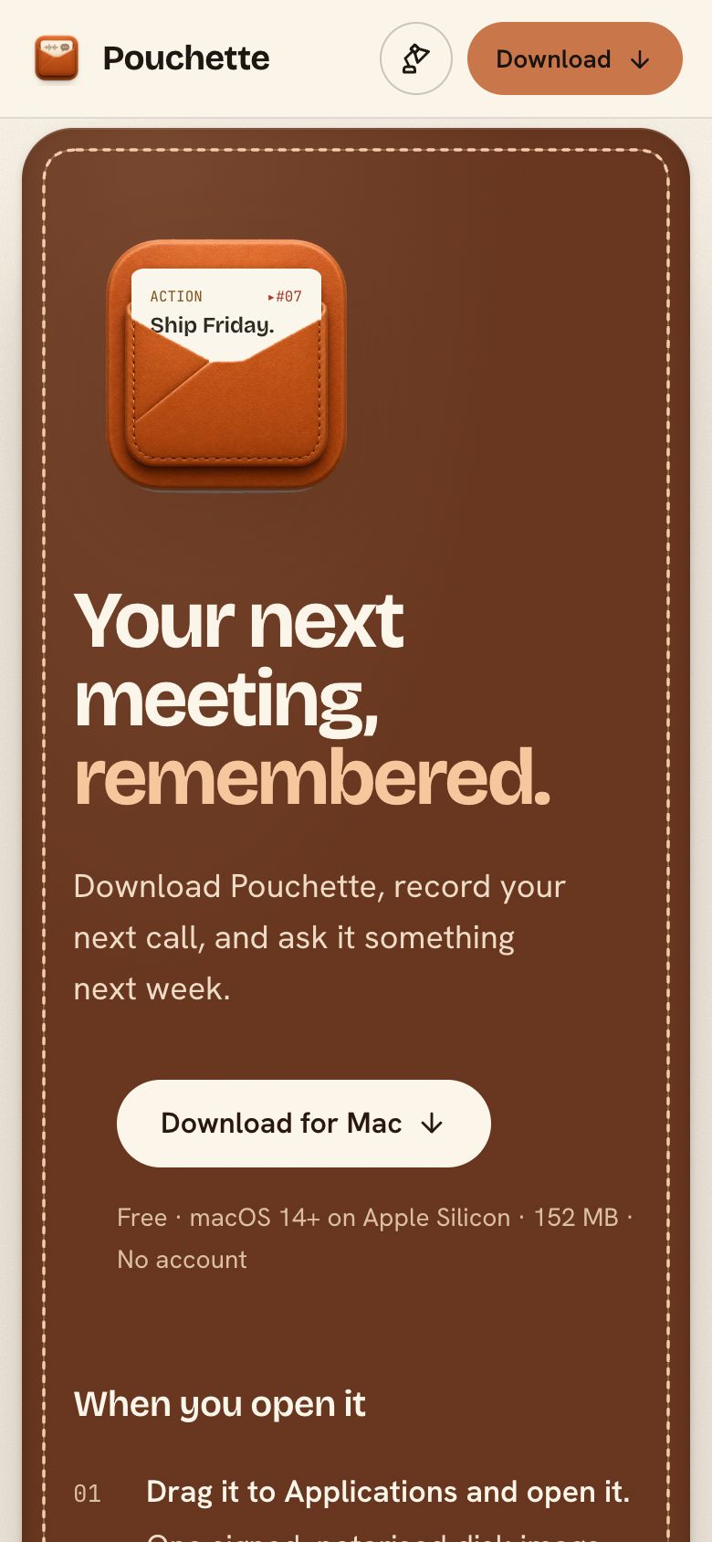 The leather closing call on a phone, with the note tucked into the pouch and the download button